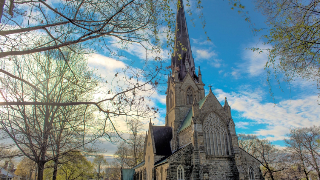 exterior shot of the Cathédrale Christ Church framed by trees with budding green leaves