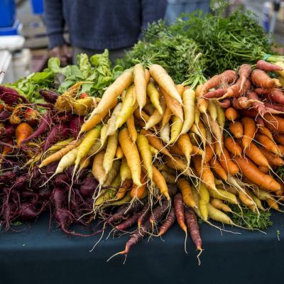 Spread of different coloured carrots on table