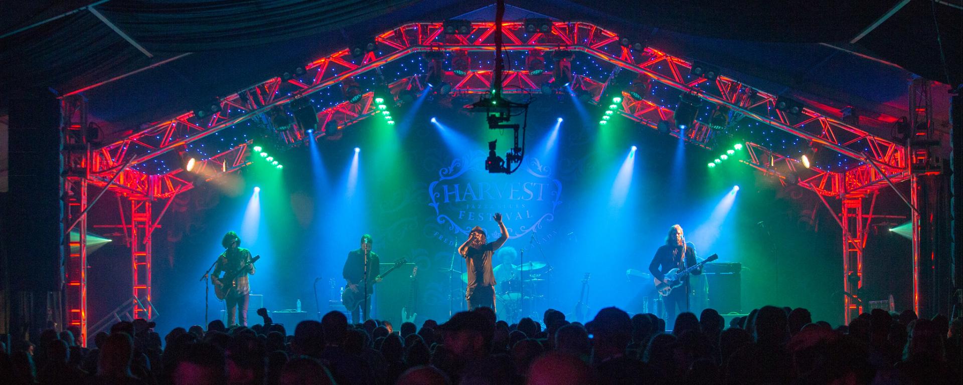 festival concert with the focus on the band and colourful lights, with a crowd in front of them